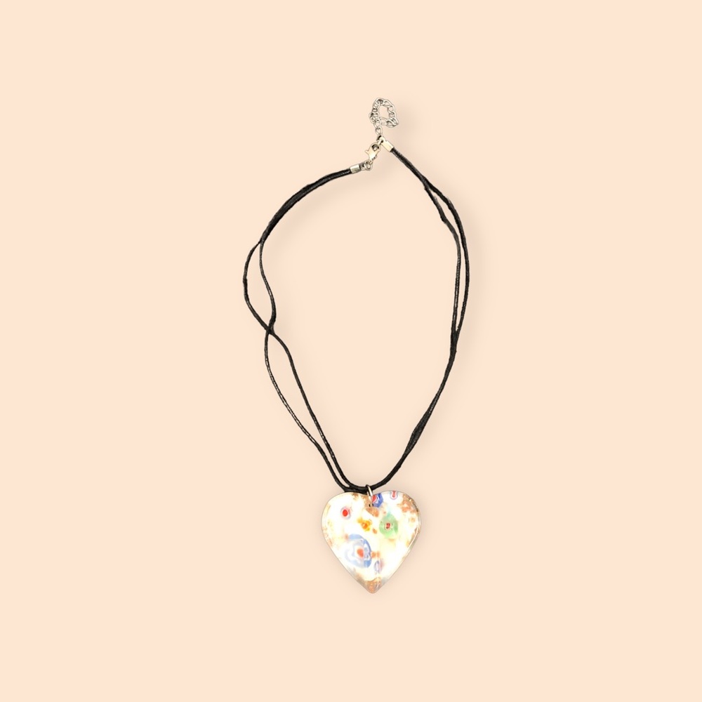 Heart with Imprinted Cross Pendant Necklace with Black Chord Women's White/Gold